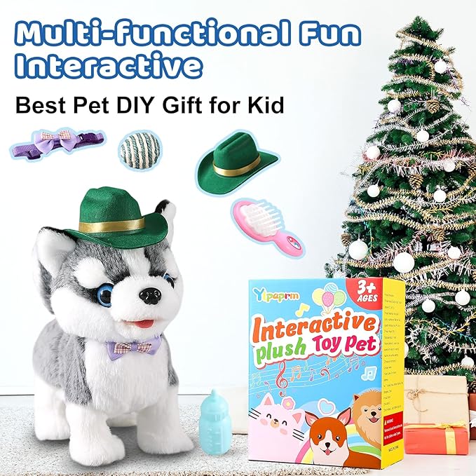 Walking Husky Barking Dog Toy for Child Kid Licking Talking Puppy with Leash, Interactive Puppy that Barks Tail Wagging Plush Robot Dog Singing Electric Pet Pretend Dress Up Christmas Boy Girl Gift