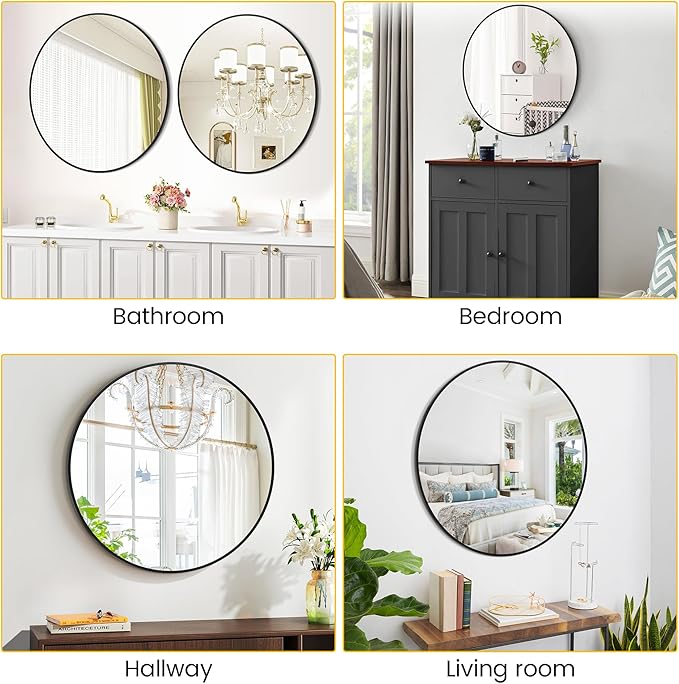 30 in Round Mirror for Wall, Black Metal Frame Circle Mirror, Round Bathroom Mirror for Wall Decor, Mirror for Entryway, Vanity, Bedroom, Easy to Install