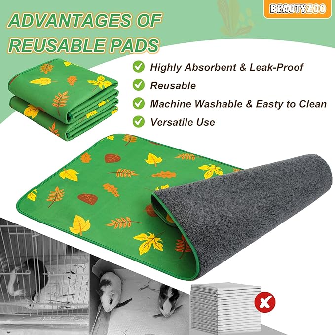 BEAUTYZOO 2 Pack Guinea Pig Bedding Washable, Reversible Guinea Pig Fleece Cage Liners, Waterproof Reusable & Anti Slip Pee Pad, Super Absorbent Mat for Rabbit Bunny Hamster Rat- 24"x47" Green