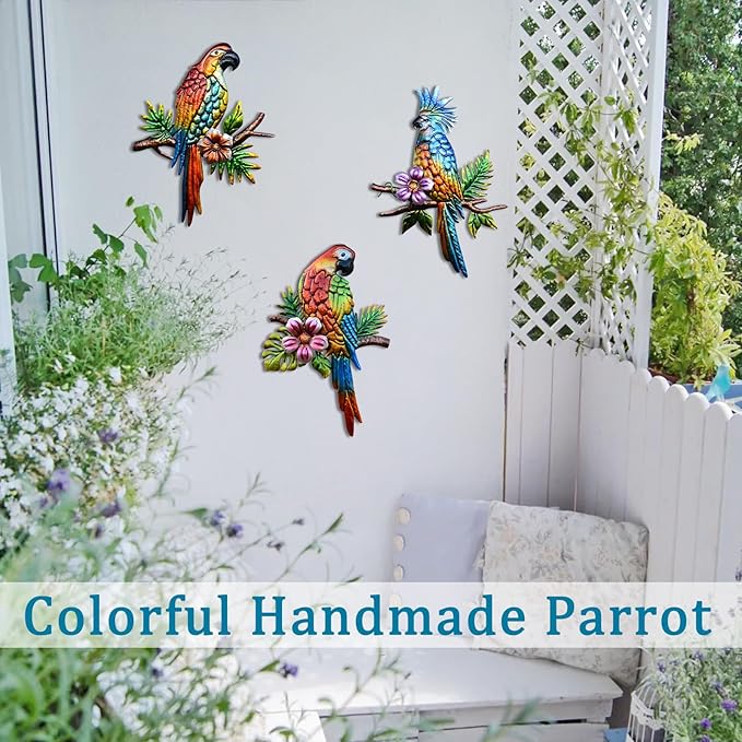 Voumsil 3 Pieces Parrot Metal Wall Art Decor Tropical Bird Hanging Outdoor Decor for Patio Balcony Garden Fence Art Living Bedroom Wall Sculpture Indoor Outdoor…
