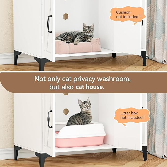 IDEALHOUSE Cat Litter Box Enclosure with Shelves and Doors,Wood Sturdy Hidden Litter Box Furniture,Indoor Cat House Furniture for Most of Litter Box,Litter Box Cabinet,White