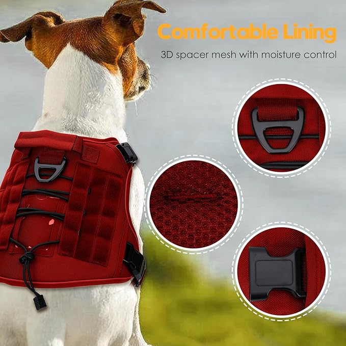 Heavy-Duty Tactical Dog Harness for Large Dogs, No Pull Adjustable Reflective Pet Vest with Molle System, K9 Military-Grade Control for Service Training, Outdoor & 10+ Breeds, Red, XX-Large