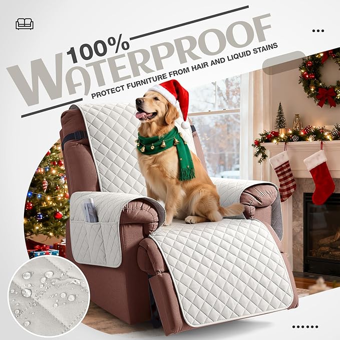 KinCam 100% Waterproof Recliner Chair Cover, Reclining Couch Covers for Pets, Dogs, Recliner Couch Slipcover Furniture Protector with Elastic Straps for Kids(23.6", Beige White)