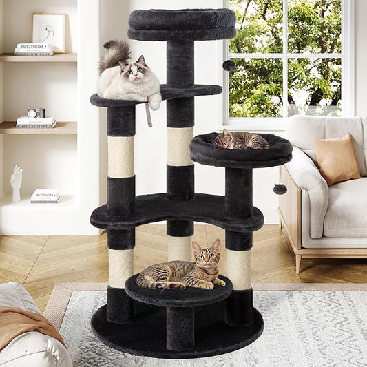 Allewie 55.5 in Cat Tree for Indoor Kitties/Soft Plush Perches/Multi-Level Cat Tower/Sisal Scratching Posts/Crescent Plates/Round Jumping Board/Hanging Ball/Pet Activity Center/Dark Grey
