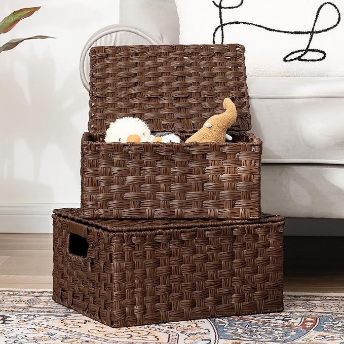 GRANNY SAYS Wicker Baskets with Lids, Set of 4 Brown Basket, Decorative Storage Boxes, Woven Basket for Organizing, Storage and Organizer Baskets