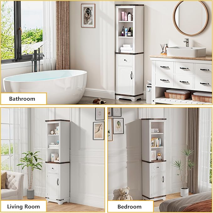 63 Inch Tall Corner Cabinet, Modern Corner Storage Cabinet with Door & Adjustable Shelves & Drawers, Anti-Tipping Free Standing Linen Tower for Bedroom, Bathroom, Kitchen, Pantry (White)