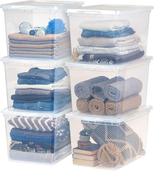 IRIS USA 6-Pack Storage Bins with Lids, 68 Quart, Clear Stackable Containers Box Organize Shoes Closet Shelves Clothes Blankets Towels - BPA-Free Plastic