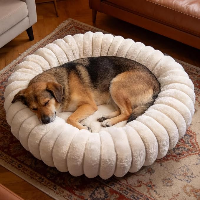 Donut Dog and Cat Bed, Luxurious Comfortable Faux Rabbit Fur Pet Beds, Round Anti-Anxiety Calming Puppy Kitten Bed with Anti-Slip Bottom for Small Medium Large Dogs & Cats(36", White)
