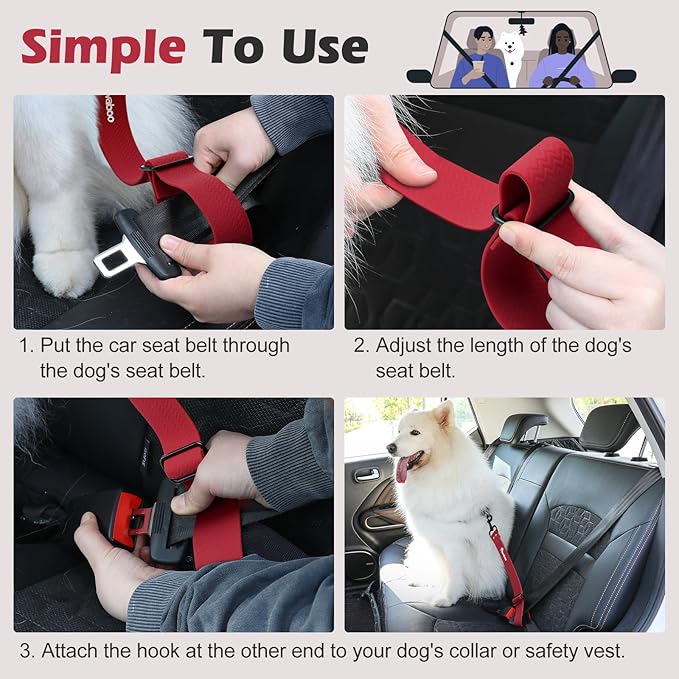 Pawaboo Dog Car Seatbelt, Universal Pet Safety Belt, Chew-Proof Dog Car Restraint with Adjustable Strap, Nylon Woven Belt & PVC Shell Dog Seatbelt, Dog Leash with 360° Hook,20 in, 2 Pack, Red + Black