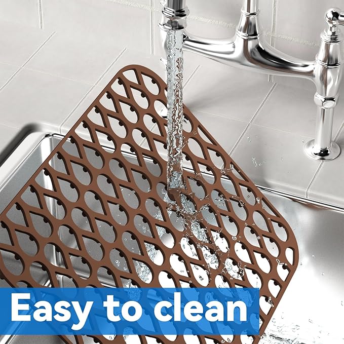 TOOVEM 13.6"x11.6" Kitchen Sink Protector - Large Silicone Mat Grid for Bottom of Farmhouse Sink - Heat Resistant - Coffee - 1 Pack