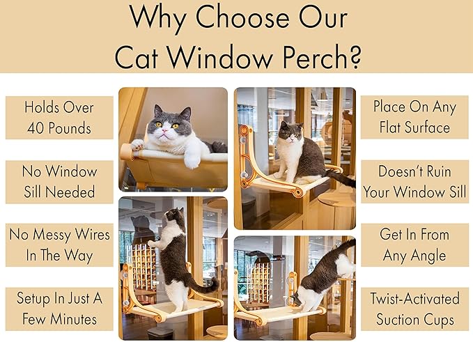 DWD Cordless Cat Window Seat - Cat Window Hammock - Pet Wall Hammock - Upgraded Model - Holds Over 20lbs - Perch for Animals to Look Outside - Easy and Quick Assembly - Dog Perch to Look Outside