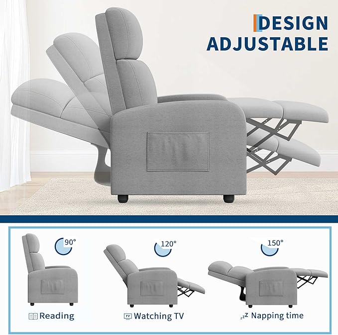 Garvee Recliner Chair for Adults, Lazy Reclining Chair Ergonomic Adjustable Single Sofa Enhanced with Side Pocket, Tall Back, Wide Arms & Padded Seat, Home Theater Seating for Living Room
