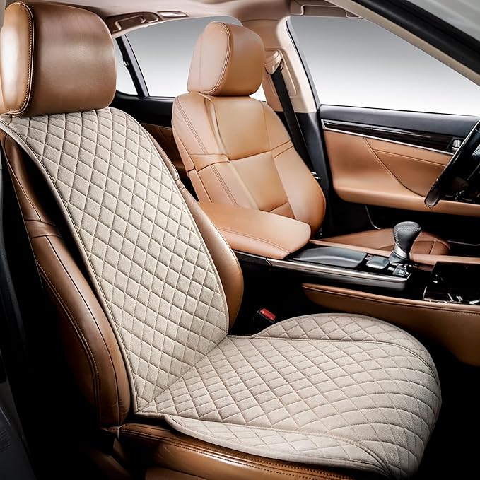 IVICY Faux Linen Car Seat Cover for Cars - Durable & Non-Slip - Front Car Seat Protector Covers for Most Automotive, Vans, SUVs, Trucks - 1 Unit - Light Beige