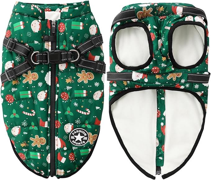 Aiboria Dog Jackets for Winter Windproof Waterproof Vest Fleece Warm Dogs Coat with Belt Christmas Green 4XL