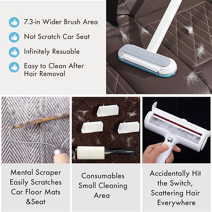 Dog Hair Remover for Car, Complete 3 in 1 Pet Hair Detailer Brush - Auto Detailing Tool for Car and Home Removes Hair from Car Seats, Carpets, and Couches, Reusable Fur Cleaning Solution
