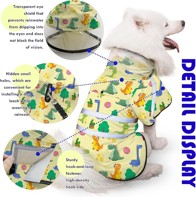 Dog Raincoat, Adjustable Rain Jacket with Hooded Double Layer for Large Medium Small Dogs Puppies, Lightweight Waterproof Rain Coat Poncho with Reflective Stripe Dinosaurs Yellow,S