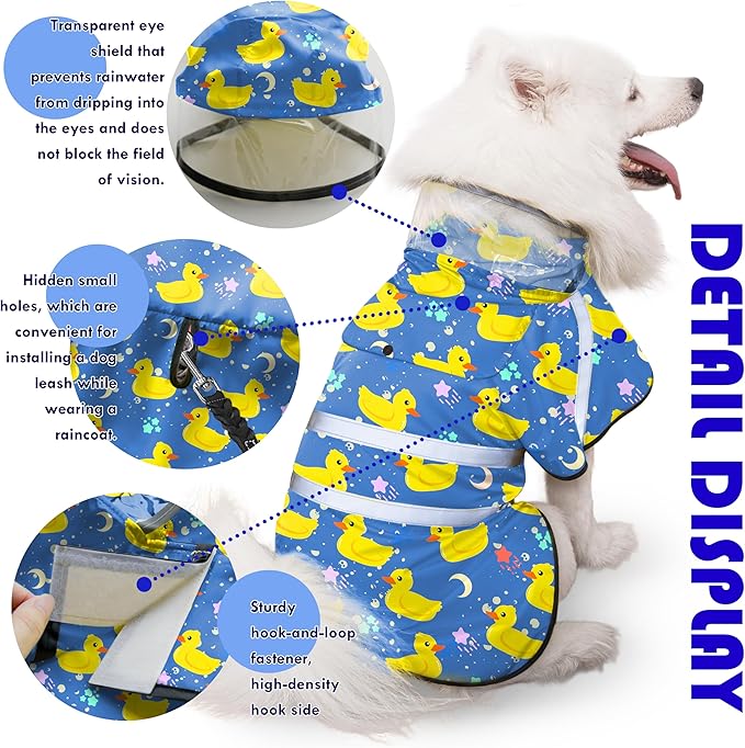 Dog Raincoat, Adjustable Rain Jacket with Hooded Double Layer for Large Medium Small Dogs Puppies, Lightweight Waterproof Rain Coat Poncho with Reflective Stripe Duck Blue,M