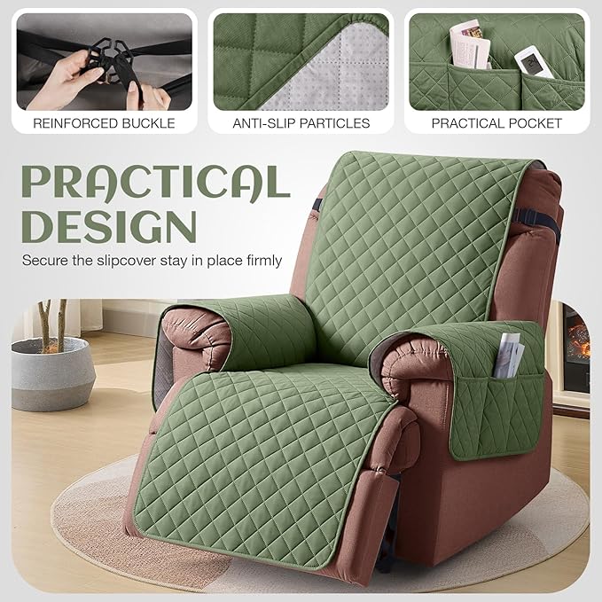 KinCam 100% Waterproof Recliner Chair Cover, Reclining Couch Covers for Pets, Dogs, Recliner Couch Slipcover Furniture Protector with Elastic Straps for Kids(23.6", Cactus Green)