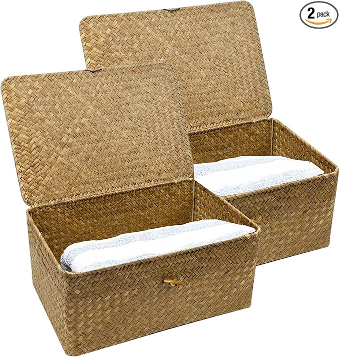 2-Pack Wicker Storage Baskets with Lid, Coffee Large & X-Large Rectangular Sea Grass Baskets