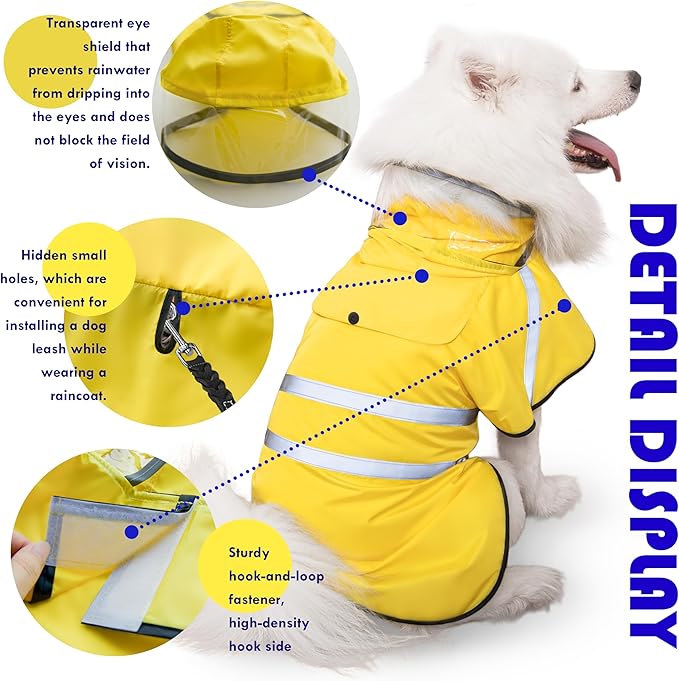 Dog Raincoat, Adjustable Rain Jacket with Hooded Double Layer for Large Medium Small Dogs Puppies, Lightweight Waterproof Rain Coat Poncho with Reflective Stripe Yellow,M