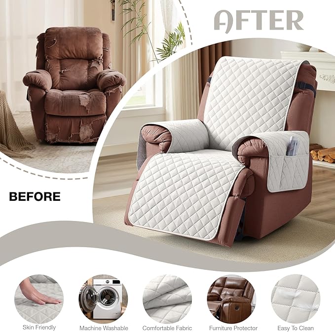 KinCam 100% Waterproof Recliner Chair Cover, Reclining Couch Covers for Pets, Dogs, Recliner Couch Slipcover Furniture Protector with Elastic Straps for Kids(30", Beige White)