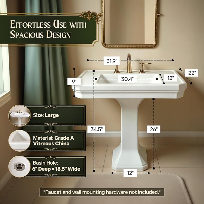 Renovators Supply Victorian 32" W Large Pedestal Bathroom Sink – Heavy-Duty White Porcelain, Pre-Drilled Widespread Faucet Holes, and Overflow