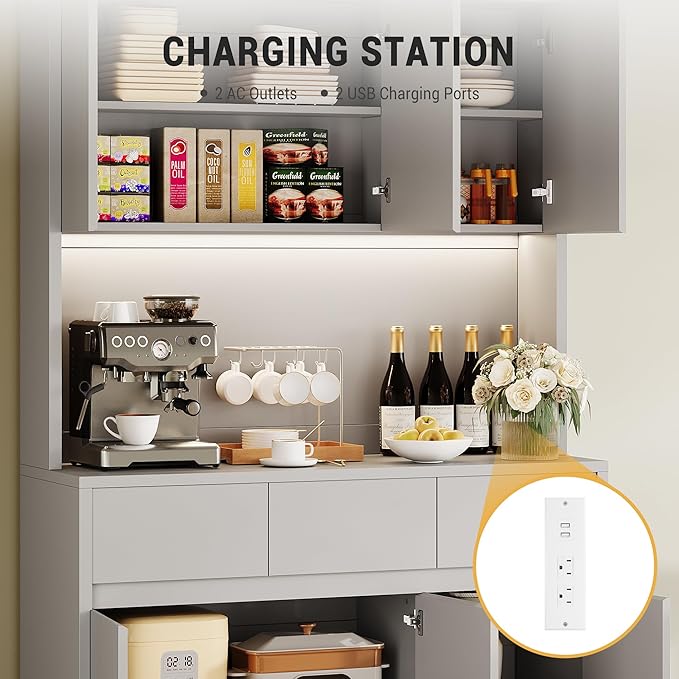 71" Tall Kitchen Pantry Cabinet, Adjustable Shelves & Doors and Three Drawers, Microwave Shelf, Coffee Bar with LED Lights & Charging Station, Corner Storage Hutch for Living Room, Gray