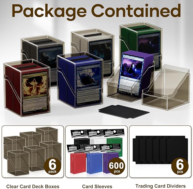 6 Pack Card Deck Cases, Commander Deck Boxes with 600Pcs Card Sleeves and Dividers, Standard Size Cards Storage Box Perfect Fit for MTG, Sport, Trading Cards (6 colors)