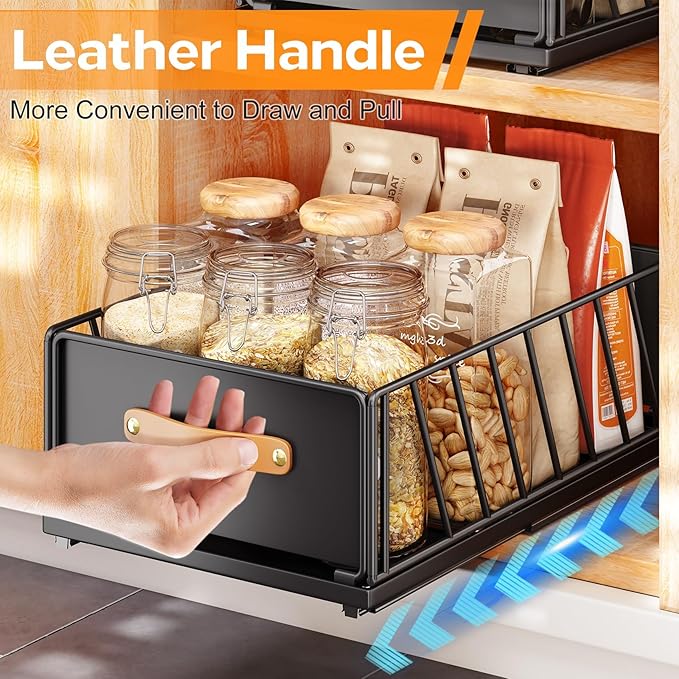 Pull out Cabinet Organizer, Fixed with Adhesive Nano Film,Heavy Duty Slide out Pantry Shelves Drawer Storage,Sliding Mesh Basket with Handle for Kitchen, Bathroom,Home, 13.8"W X15.7"D X6.2"H(Black)
