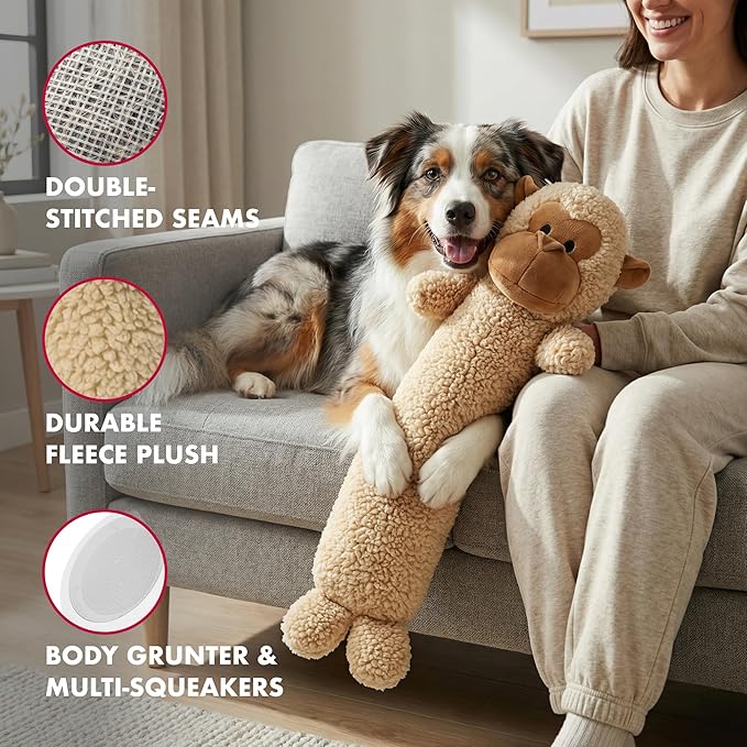 Pet Lou 26 Inch Monkey Stick Plush Dog Chew Toy for Dogs with Grunter & Squeakers, Durable Fleece Interactive Toy for Fetch, Tug & Anti-Boredom Play