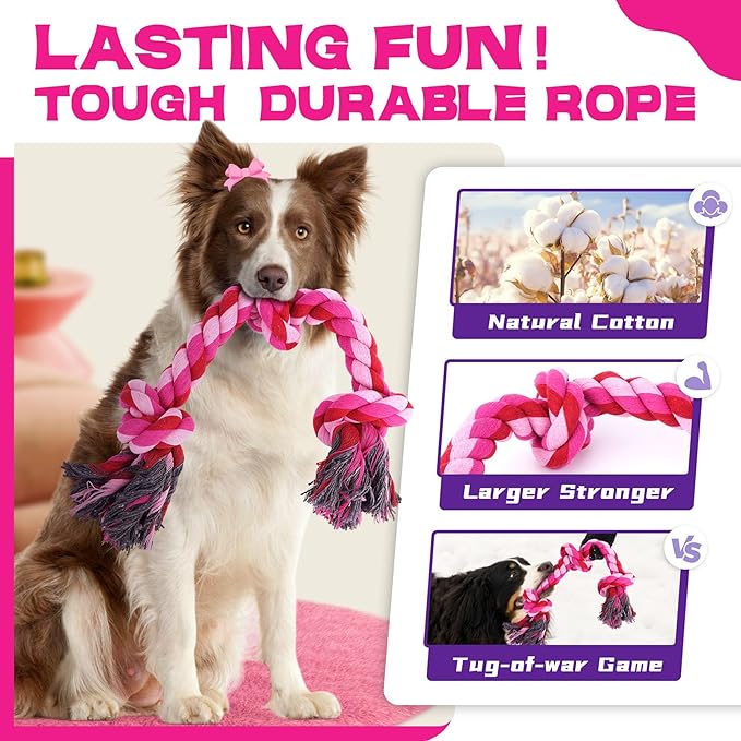 Zeaxuie 12 Pack Long-Lasting Heavy Various Dog Chew Toys Pack for Aggressive Chewers-Includes Large Rope Toys,Squeaky Toys & Indestructible Chew Bone for Medium,Large & X-Large Female Dogs