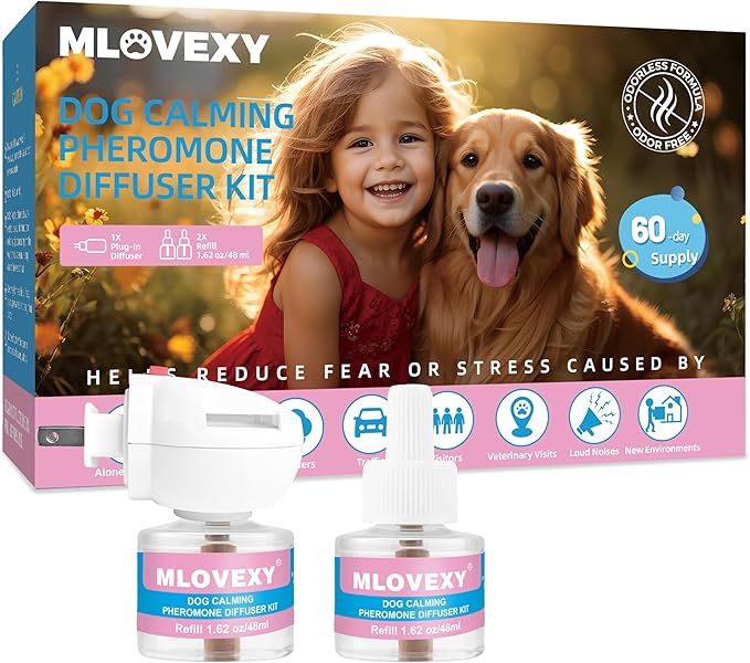 Dog Calming Diffuser for Dog Anxiety Relief, Dog Pheromones Calming Diffuser, Pheromone for Dogs to Reduce Barking Aggression Fighting Stress, Stop Peeing(2 Refills, 1 Diffuser,60 Days)