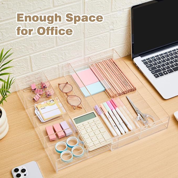 1 Pcs Acrylic Desk Drawer Organizer 2 Inch Height Expandable Drawer Organizer Trays with 7 Adjustable Compartments Desk Accessories for Makeup Silverware Office Bathroom(Clear)
