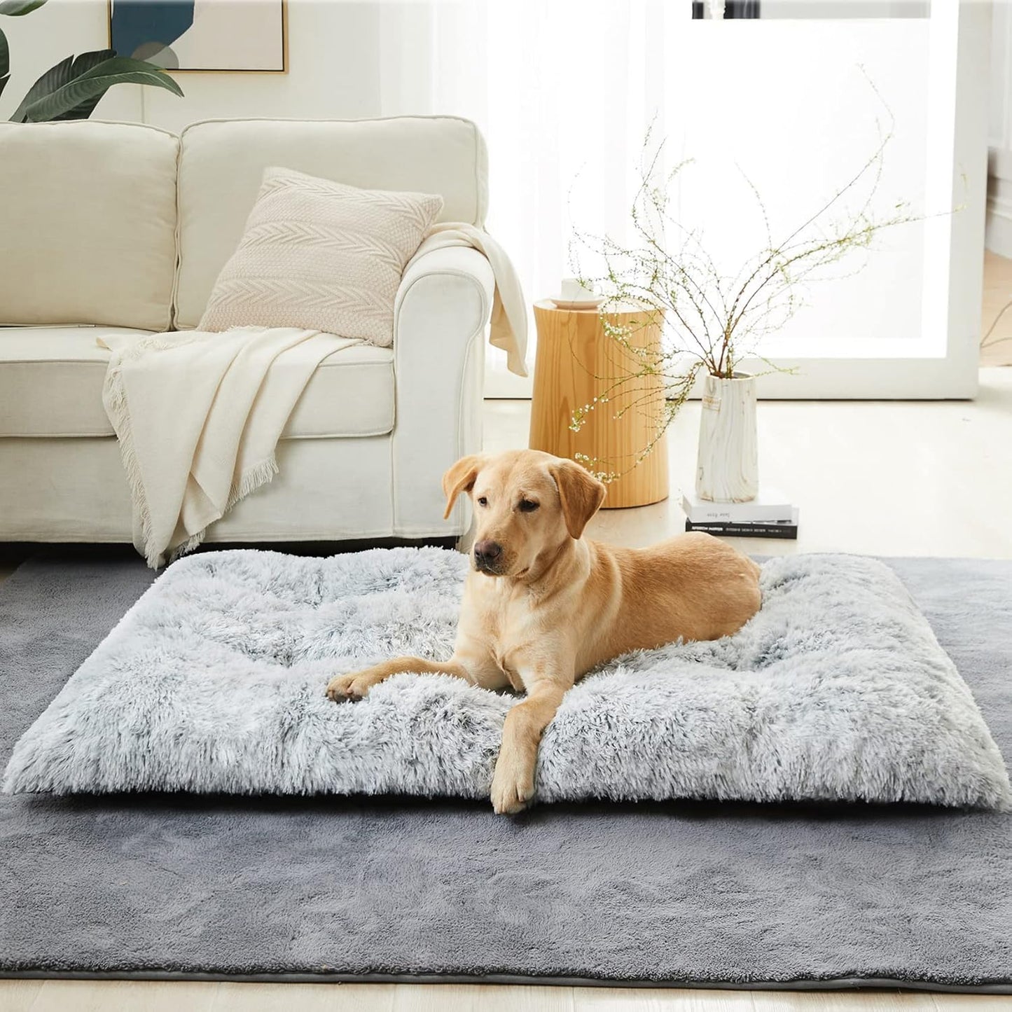 FetchMart Plush Dog Crate Bed for Large Dogs — Anti-Anxiety, Washable | Grey, 35"x23"