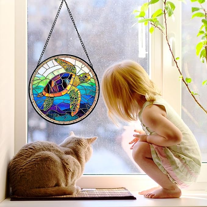 Stained Glass Window Hanging, Colored Turtle Ocean Suncatcher Diamond Glass Panel Hangings Marine Life Sun Catchers Decor for Birthday for Women, Men, Wife, Aunt, Mom 15x15 in
