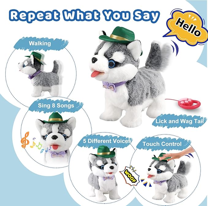 Walking Husky Barking Dog Toy for Child Kid Licking Talking Puppy with Leash, Interactive Puppy that Barks Tail Wagging Plush Robot Dog Singing Electric Pet Pretend Dress Up Christmas Boy Girl Gift