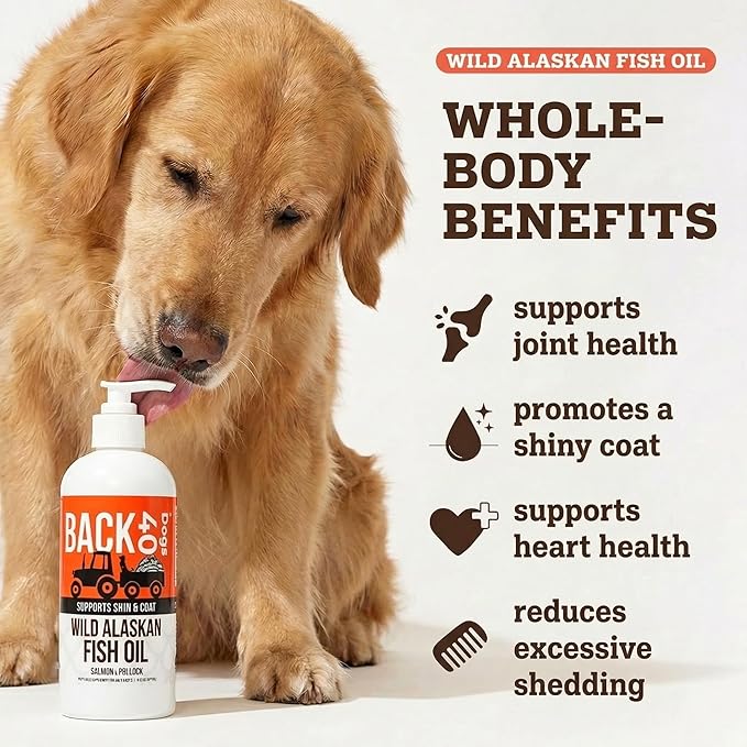 BACK 40 Dogs Wild Alaskan Fish Oil for Dogs, Skin and Coat Supplement for Dogs & Cats, Omega-3-Rich Salmon and Pollock Oil, EPA & DHA Dog Salmon Oil for Brain, Heart, and Joints 16 fl oz (473 ml)