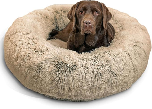 Best Friends by Sheri The Original Calming Donut Dog Bed – Washable Plush Pet Bed for Large Breeds up to 100 lbs, Shag Faux Fur, Taupe, Large (36" x 36")