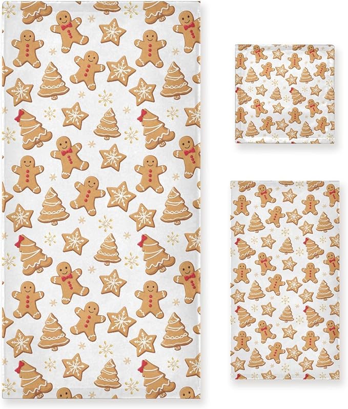 Pfrewn Gingerbread Man Towels Set of 3 Christmas Winter Bathroom Towel Soft Absorbent Bath Hand Towels Washcloth Guest Towel Sets Xmas Holiday Bathroom Decorations
