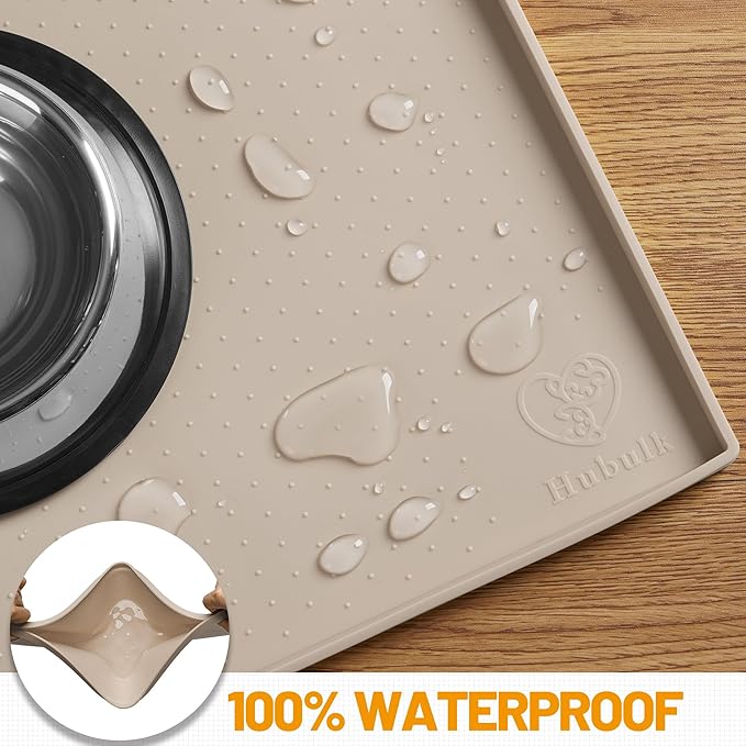 Hubulk Dog Feeding Mat,100% Waterproof Food Grade Silicone Pet Food and Water Bowl Placemat,Dishwasher, High Raised Edge to Prevent Spills,Nonslip Tray to Stop Messes on Floor（19"x12"x0.5", Taupe）