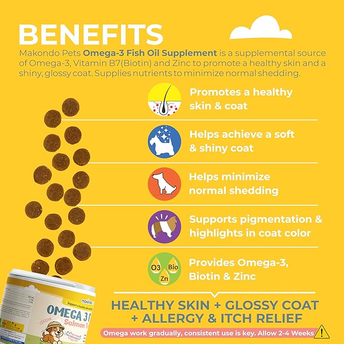 Omega 3 Soft Chews – Salmon Oil for Dogs Skin and Coat Support, Itch Relief & Shedding Support – EPA & DHA Dog Fish Oil Fatty Acids – 120 Chews by Makondo Pets.