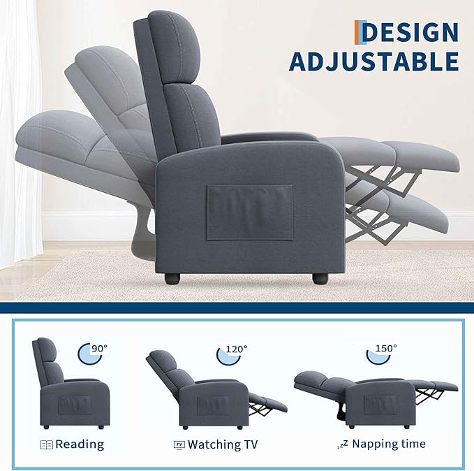 Garvee Recliner Chair for Adults, Lazy Reclining Chair Ergonomic Adjustable Single Sofa Enhanced with Side Pocket, Tall Back, Wide Arms & Padded Seat, Home Theater Seating for Living Room