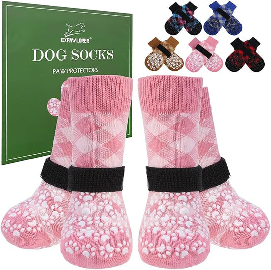 EXPAWLORER Dog Socks for Cold Winter Snow to Prevent Licking Paws, Anti Slip Doggie Booties Grippy Shoes for Hardwood Floors, Boots & Paw Protectors for Small Medium Large Senior Dogs Pink XL