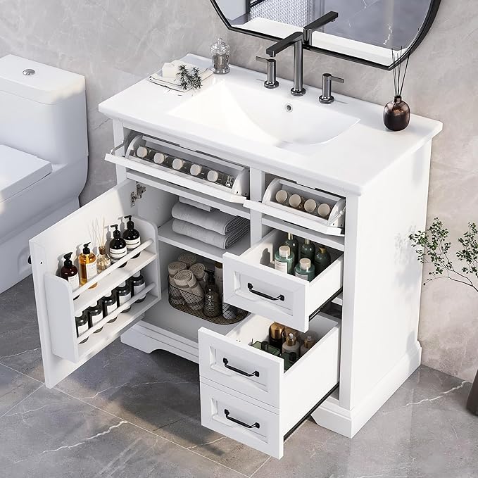 Christopher Knight Home 36" Bathroom Vanity with Ceramic Sink, Wooden Bathroom Vanity Organizer, Bathroom Storage Cabinet, Pedestal Sink Storage Cabinet, Adjustable Door Shelves+Drawer, White