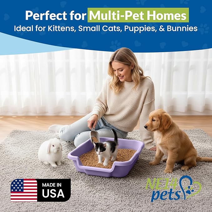 KittyGoHere Senior Cat Litter Box, Small Litter pan with Long-Handle Jumbo Scoop, Open Top Low Entrance Kitty Litters Box, Lightweight Low Entry Litter Box, Durable, Made in USA (Storybook Lavender)