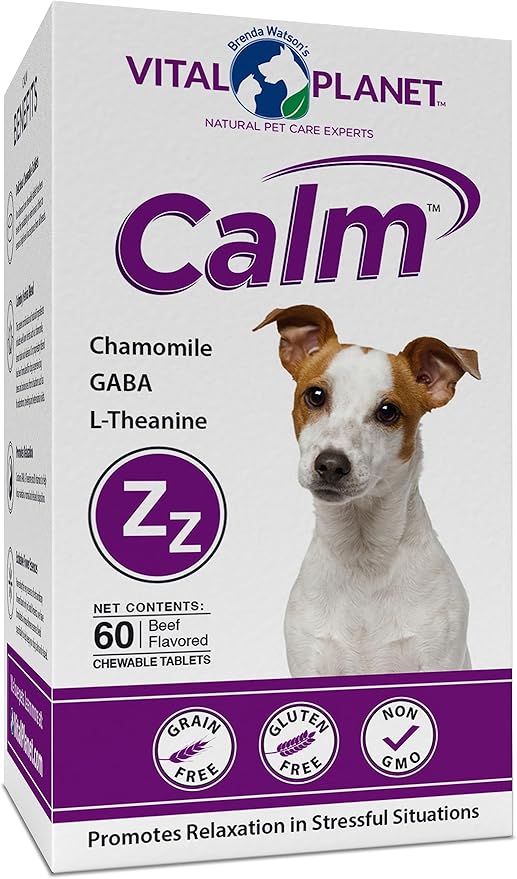 Vital Planet - Calm Chewable Tablets for Dogs, Promotes Calmness in Stressful Situations with Valerian, Lemon Balm, Chamomile, GABA, L-Theanine and Natural Herbs - 60 Beef Flavored Chewable Tablets