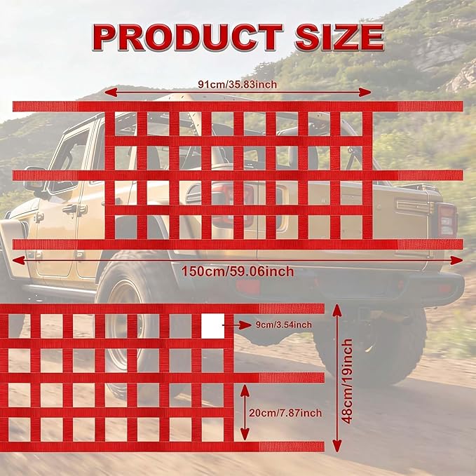 Red for Jeep Hammock & Cargo Net, Compatible for 1987-2024 Jeep Wrangler YJ TJ JK JL LJ JKU JLU JT & Gladiator JT, High-Visibility Nylon for Jeep Hammock, Car Ceiling Cargo Net Overhead Storage