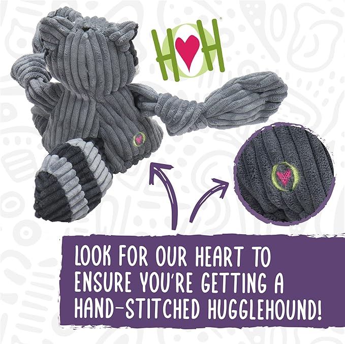HuggleHounds Knottie Plush Dog Toy - Dog Stuffed Animal Toy, Puppy Toys, Squeaky Dog Toy for Small, Medium & Large Dogs, Durable Plush to Keep Them Busy - Reggie Racoon, Large