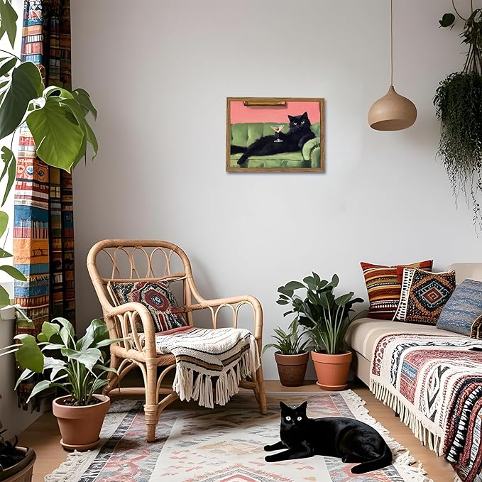 Funny Black Cat Martini Wall Art, Bar Cart Decor, Eclectic Cocktail Painting Canvas Print, Cute Animal Artwork Picture for Bedroom Living Room Kitchen 16x24 inch Wood Framed