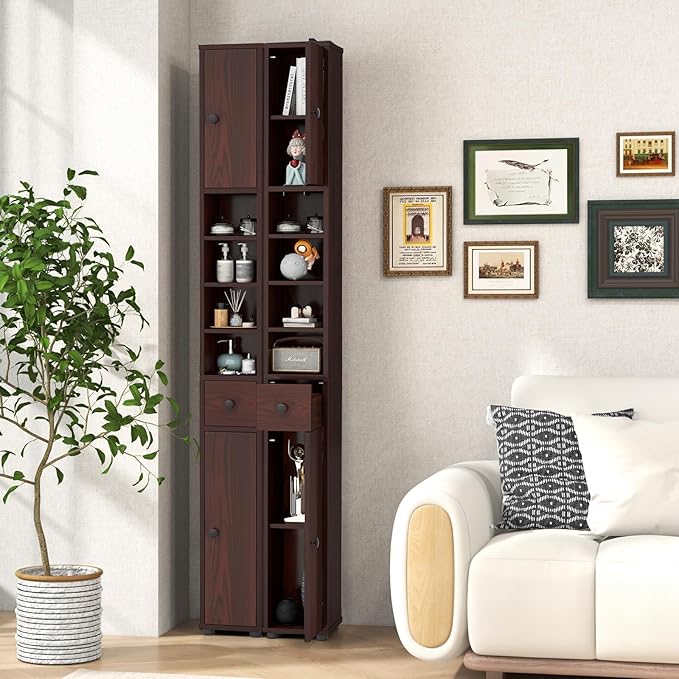 GOFLAME 71” Tall Bathroom Storage Cabinet, Narrow Freestanding Organizer with 1 Drawer, 2 Doors & 5 Open Shelves, Slim Bathroom Cabinet for Small Space, 8" x 8" x 71", Brown